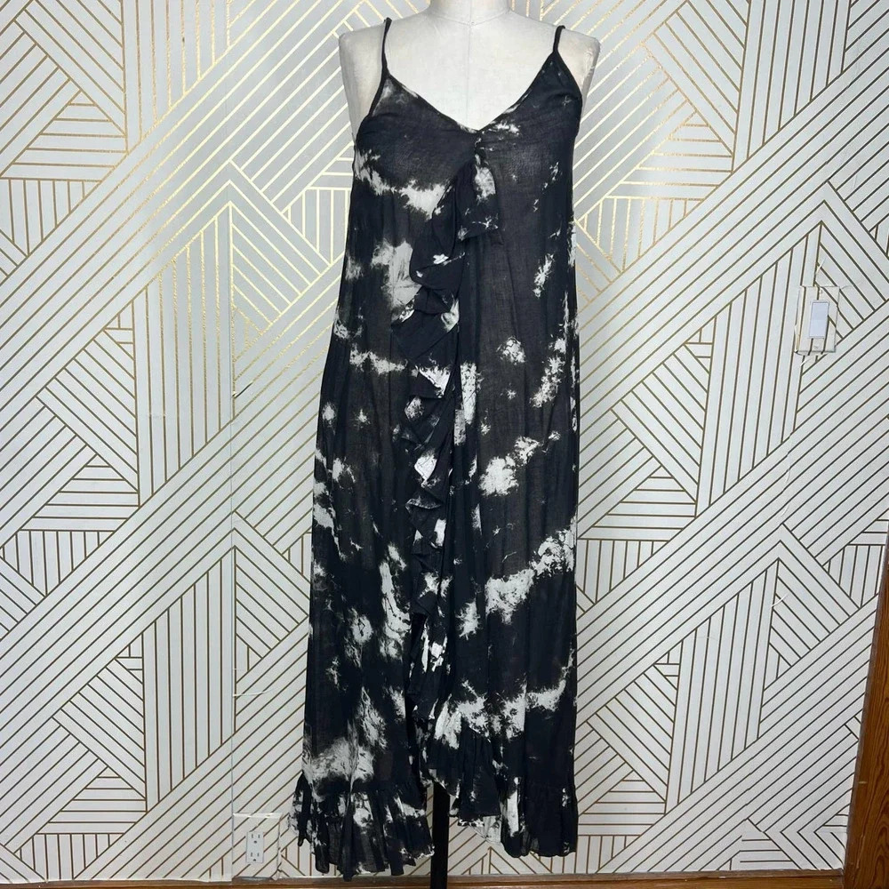 Mes Demoiselles Ruffled Tie-Dyed Cotton-Voile‎ Midi Dress Black Size 34 / US 0-2
